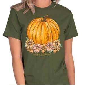 NWT Simply Southern Fall Floral Pumpkin Short Sleeve Tshirt Heather‎ Green XL